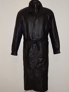 Charles Klein Black Leather Lined Insulated Long Trench Coat Jacket 