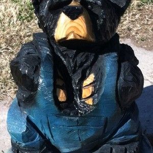 Chainsaw Chain Saw Carved Carving Black Bear in Overalls Rustic Cabin 