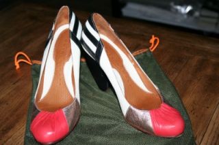 Chie Mihara Red Black White Stripe Leather Patchwork Pumps Shoes Heels 