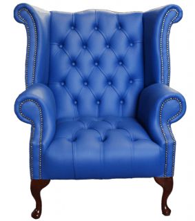 Chesterfield Armchair Queen Anne High Back Wing Chair Marine Blue 