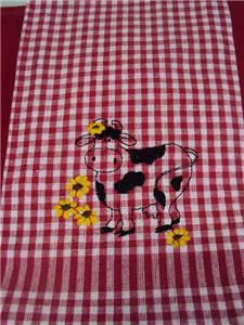 Red Checkered Embroidered Hand Kitchen Linen Towel Cow Sunflower 