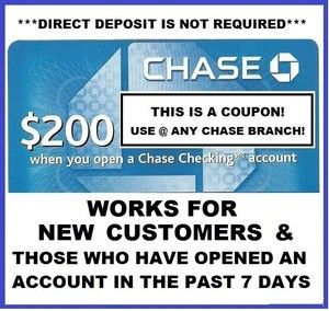 200 CHASE BANK CHECKING ACCOUNT BONUS, NO DIRECT DEPOSIT CASH GIFT 