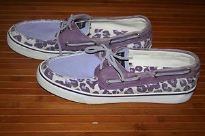 Sperry Top Sider Womens Purple White Cheetah Print Canvas Boat Shoe 