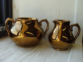 Vintage Art Deco Gibson and Sons Burslem Copper Lustre Sugar and 