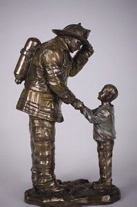 Fireman Shaking Child Hand Statue Thanking Hero Brave
