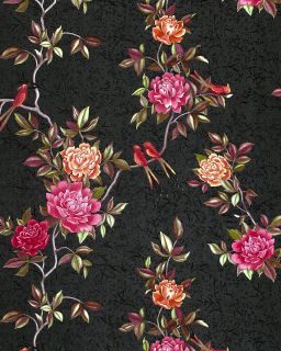 Edem 831 29 Deluxe Flower Wallpaper Roses Birds Black Brown Orange 