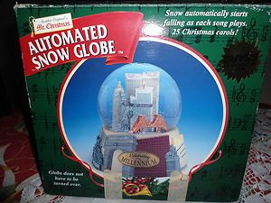 CHRISTMAS AUTOMATED SNOW GLOBE CELEBRATING MILLENNIUM NYC TWIN TOWERS 