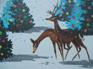 Vintage Greeting Card Merry Christmas Snow Deer Trees Ornaments Mid 