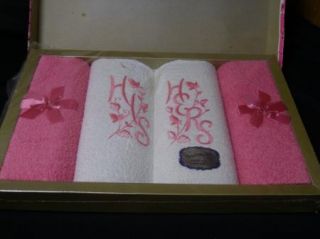 Vintage 50s His Hers Pink Guest Hand Towel Wash Cloth Set Bridal Gift 