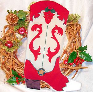 Western Cowboy Boot Christmas Stocking Full Size 18x11 White & Red w 