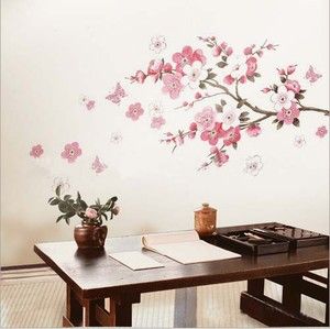 Pink Cherry Peach Blossom Plum Flowers Butterfly Wall Stickers Decal 