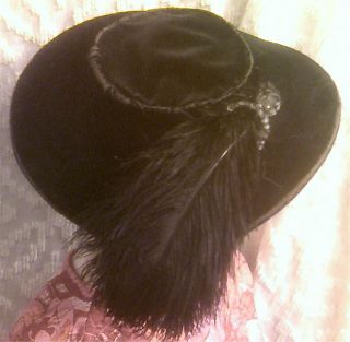Old Victorian Black Velvet Large Brim Ostrich Feather Sequin Beaded