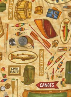 Fishing Tackle Canoe Camping Boats Fish on Tan Novelty Quilt Fabric FQ