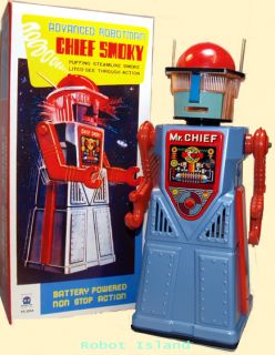 Mr Chief Smoky Robot Tin Toy Battery Operated Blue