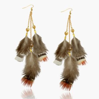  14K Gold GP Chain Genuine Feather Citrine Long Dangle Earrings B2099K
