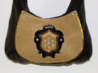 Claudia Firenze Italy Soft Black Leather Pony Hair Studded Crest Hobo