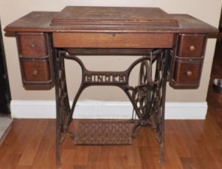 Antique Singer Sewing Machine Tiger Oak Table and Iron Treadle Base