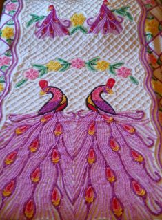 VINTAGE COLORFUL CHENILLE BEDSPREAD 88x102 2 PEACOCKS PATTERN BEDDING