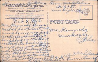 Postcard Hotel Commonwealth Kansas City MO 1942