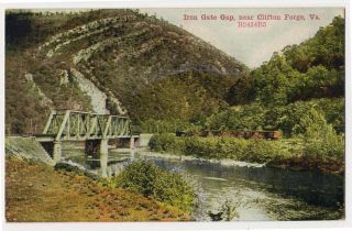 1909 Iron Gate Gap VA Clifton Forge VA Railroad Bridge Train Postcard