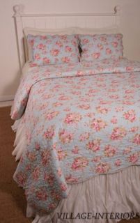 Claire Chic Shabby Aqua Blue Pink Ivory Cotton King Quilt 2 Standard