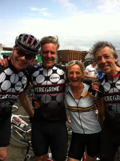  the Peregrine team celebrate reaching Dover after 169 km in the saddle