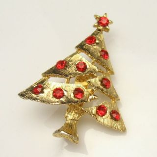  Dimensional Christmas Tree Brooch Pin Red Rhinestones