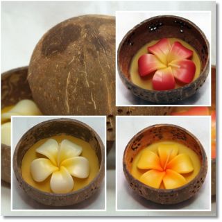 Lot of 3 flower candles, candle holders made ??of coconuts