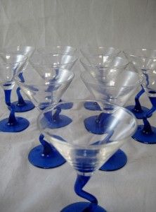  Libbey Z Stem Curved Stemmed Cobalt Blue Martini Wine Drinking Glasses