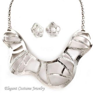   Chunky Necklace Set Metal Brushed Silver Elegant Costume Jewelry