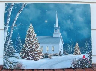 Large Lighted Christmas Canvas Church at Night Winter Sky LED Too Cool