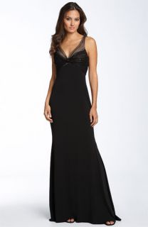 JS Boutique Matte Jersey Gown with Knotted Mesh Bodice