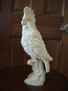 Vintage Large Faux French Ivory Cockatoo Sculpture Yellow Glass Eyes