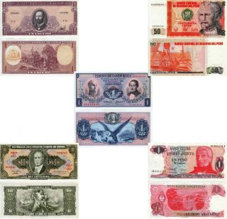  Pcs Set UNC Banknotes Argentina Brazil Peru Chile Colombia