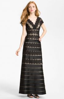 JS Collections V Neck Lace & Mesh Gown