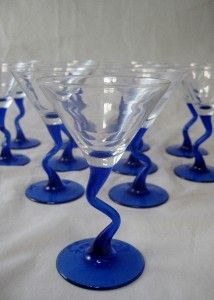  Libbey Z Stem Curved Stemmed Cobalt Blue Martini Wine Drinking Glasses