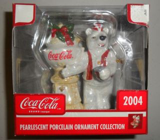Coke Bear Pearlescent Porcelain Christmas Ornament 2004
