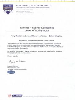 Mariano Rivera Signed Original Yankee Stadium Game Used Seatback