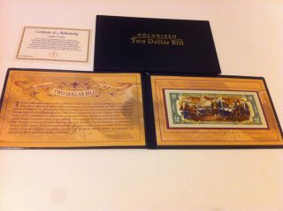 COLORIZED TWO DOLLAR BILL WITH nice PRESENTATION GIFT CASE COA