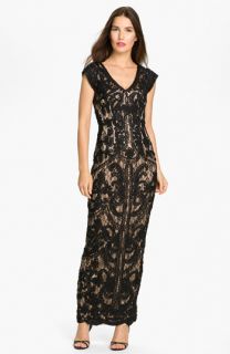 Sue Wong Embroidered Cap Sleeve Mesh Gown