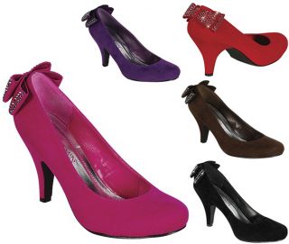 New Round Toe Med High Heel Pumps Bow Suede Pink Red Purple Blk Carrie