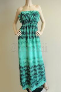 New Collective Concepts Green Print Ruffled Maxi Long Strapless Tube