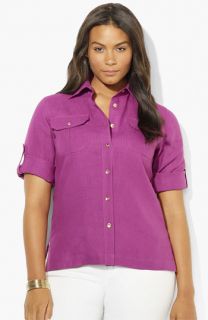 Lauren Ralph Lauren Roll Sleeve Linen Shirt (Plus)