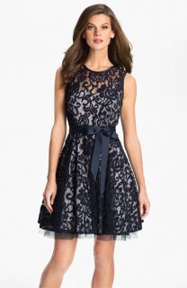 Betsy & Adam V Back Lace Overlay Fit & Flare Dress