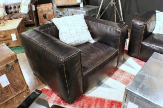 49 w Club Chair Vintage Leather Old Saddle Black Reverse Stitch