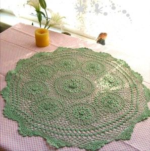 Hand Crochet 3D Flower Round Doily Placemat Green 55cm
