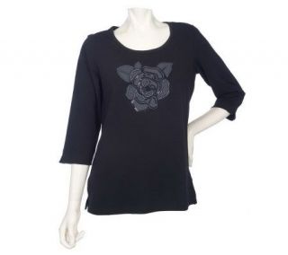 Quacker Factory 3/4 Sleeve Sparkle Rose Applique T shirt —