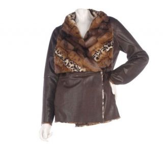 Dennis Basso Reversible Faux Fur & Leather Coat w/Shawl Collar