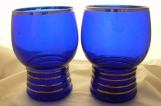 Lot of 2 LOUIE GLASS COBALT BLUE with Silver Trim Water Glass Tumbler