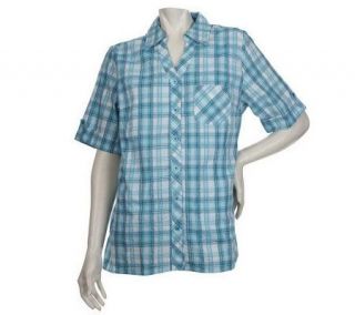 Denim & Co. Short Sleeve Duet Plaid Shirt with Knit Inset —